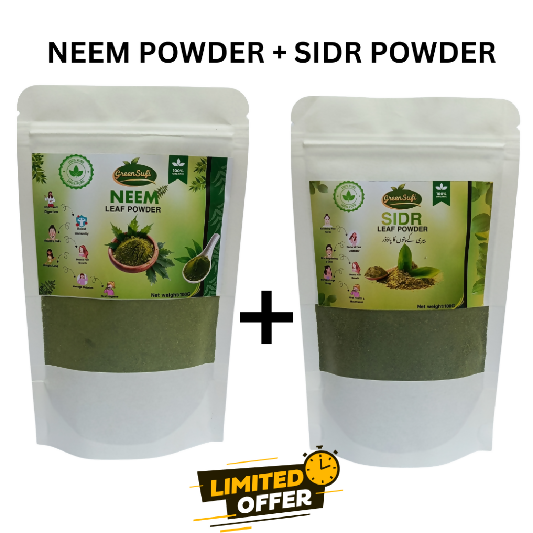 Natural Neem Sidr Powder Combo Pack 200g 100g Each Organic Solution for Acne Psoriasis and Dandruff Relief