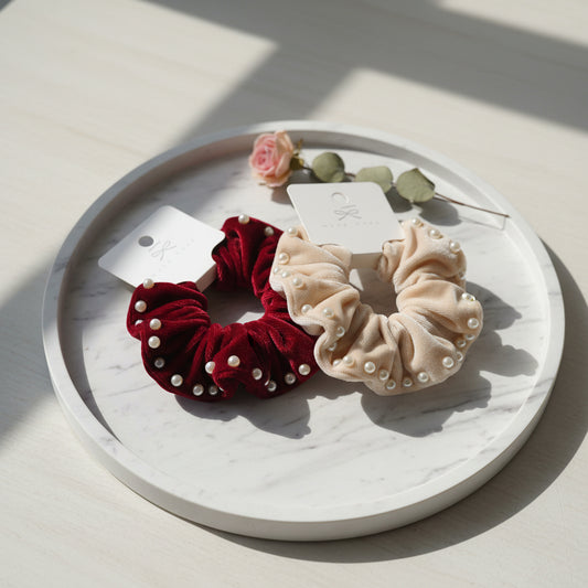Hair Knot Pearl Velvet Maroon Off White Pack of 2