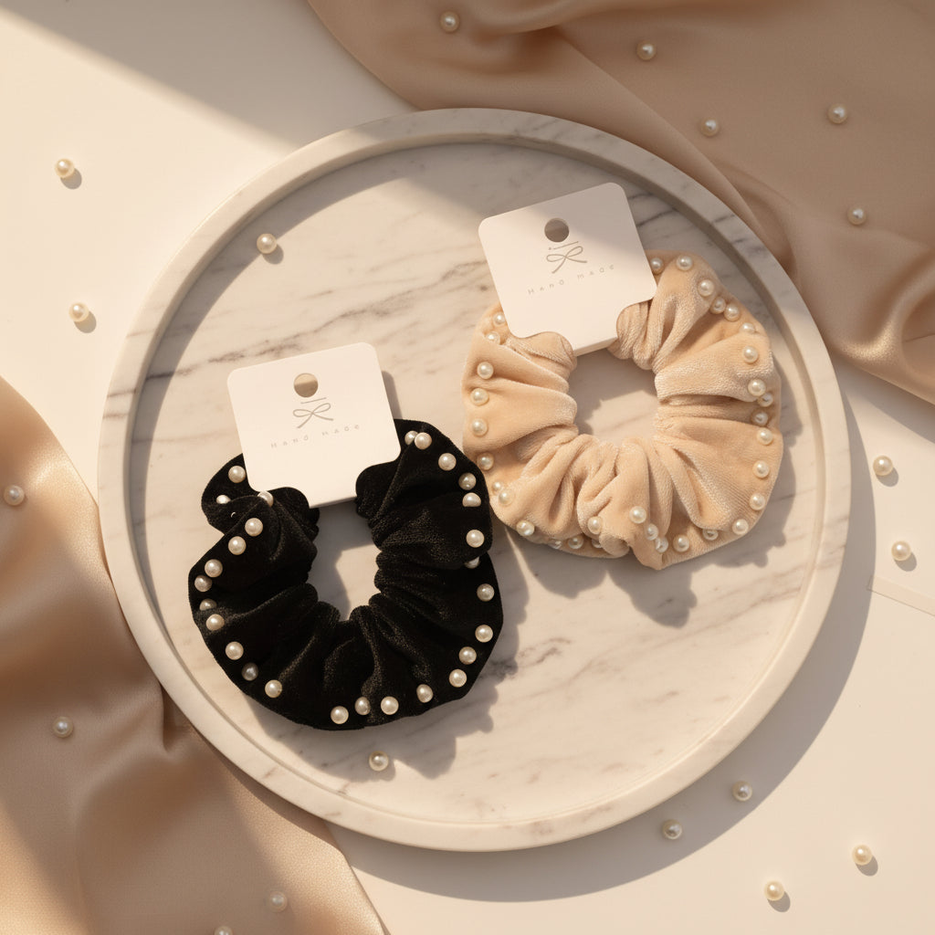 Hair Knot Pearl Velvet Black Off White Pack of 2