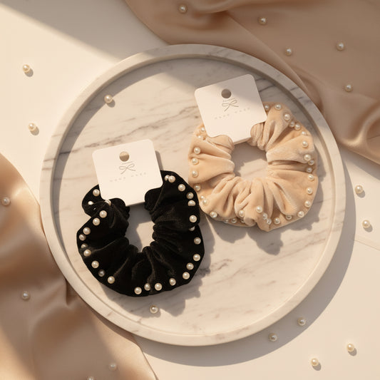Hair Knot Pearl Velvet Black Off White Pack of 2