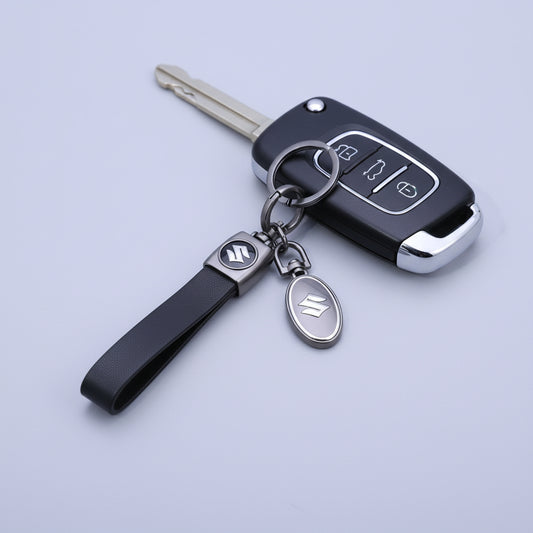 Plain Leather Strap Keychain Suzuki Black