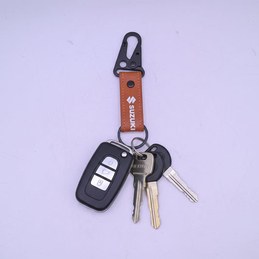 Leather Metal Hook Keychain Suzuki Brown
