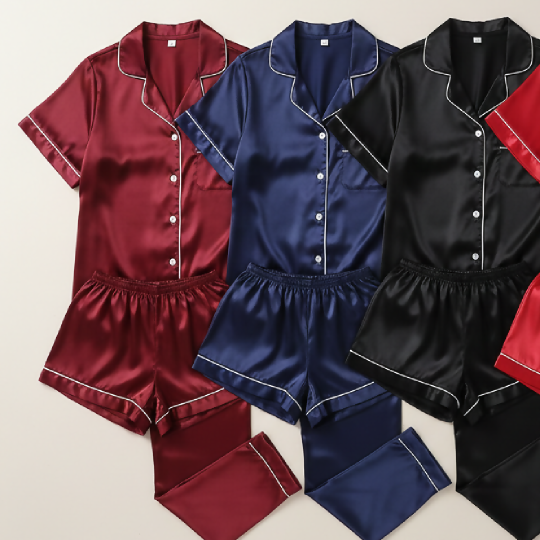Couple Night Suit - Silk Satin Sleepwear Set - Short and Long Style Combo - 4 Pcs