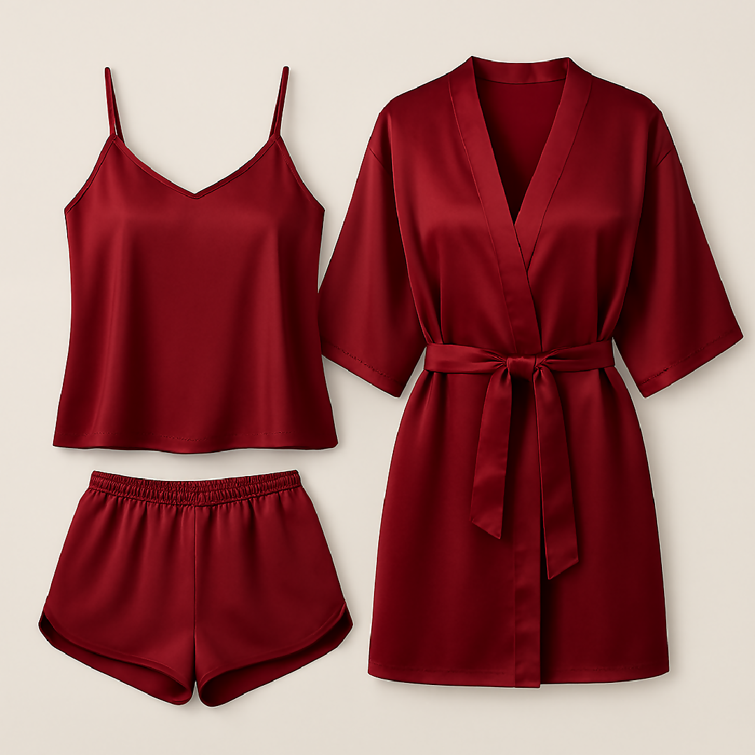 3-Piece Satin Sleepwear Set for Women - Camisole Shorts and Robe - Free Size