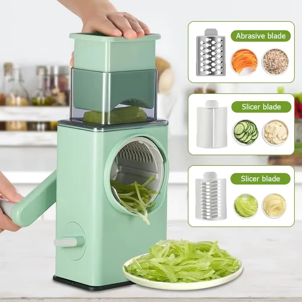 3-in-1 Rotary Vegetable Slicer & Cheese Grater - Manual Drum Cutter