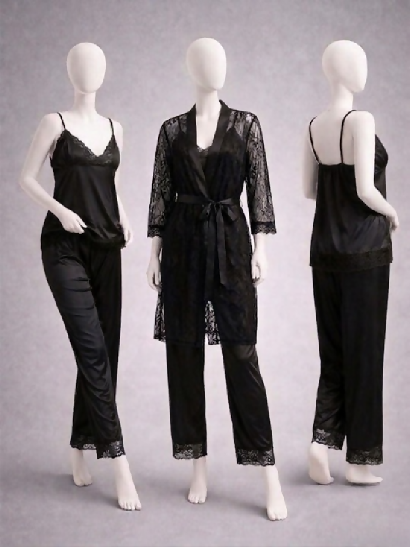 Elegant 3-Piece Womens Nightwear Set Silk Cami Pyjamas Lace Robe Free Size