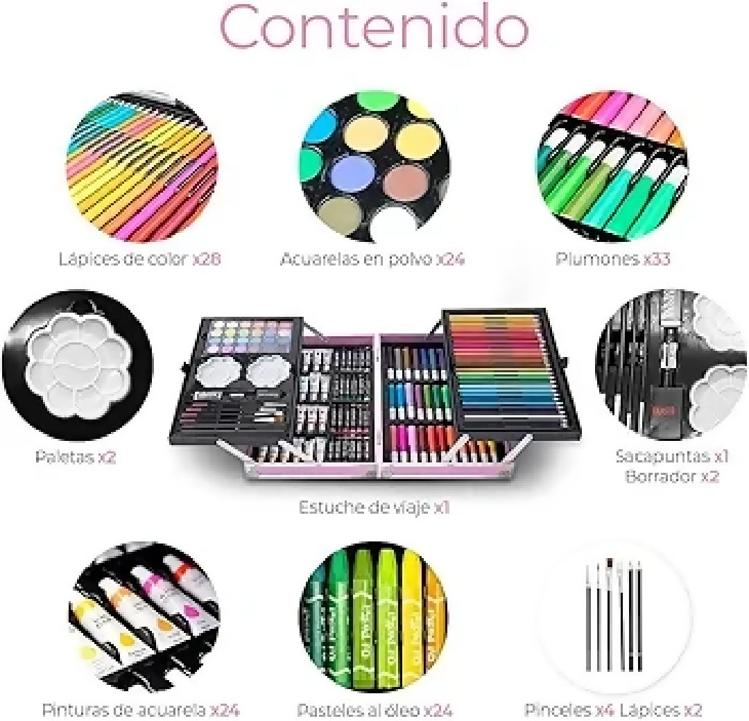 StationeryWorld 145 Piece Art Set with Colours Paints Crayons in Pink Briefcase Organiser