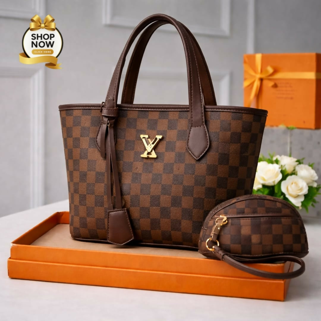 Womens LV Print Handbag Set With Small Bag Stylish Leatherette
