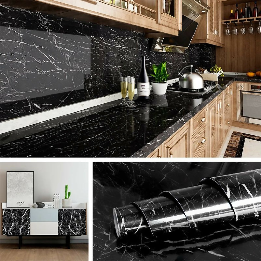 60CMx2M Self Adhesive Black Marble Sheet For Kitchen Anti Oil And Heat Resistant Wallpaper