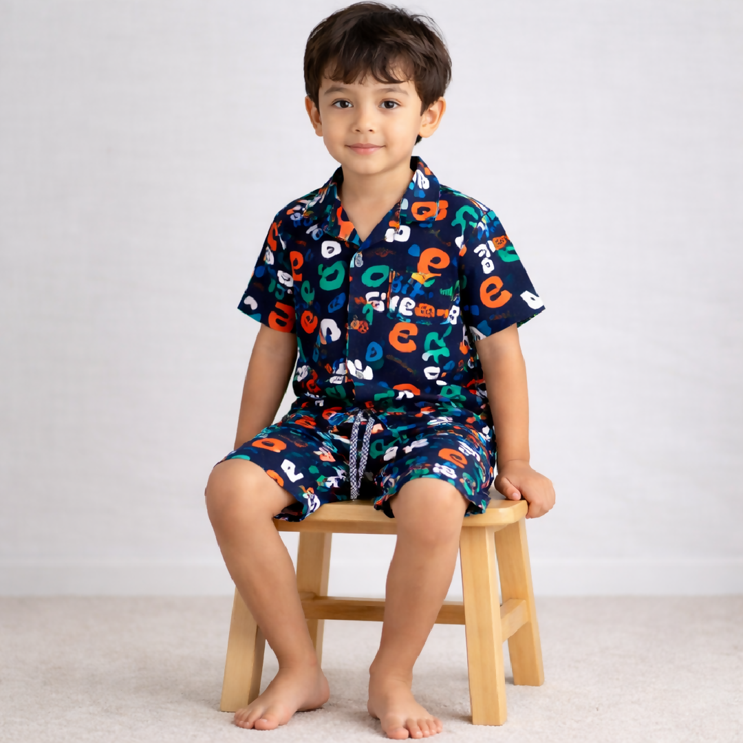 Kids Printed Linen Short Pajama Set