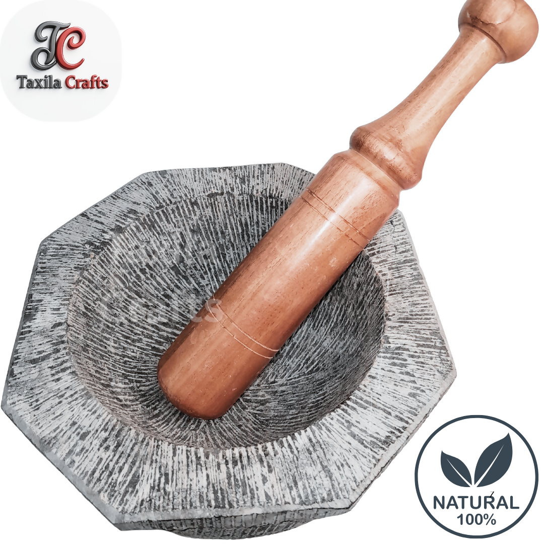 Large Size 10 Inch Handmade 8 Sided Black Stone Mortar with 12 Inch Wooden Pestle Fully Textured Taxila Hills Stone