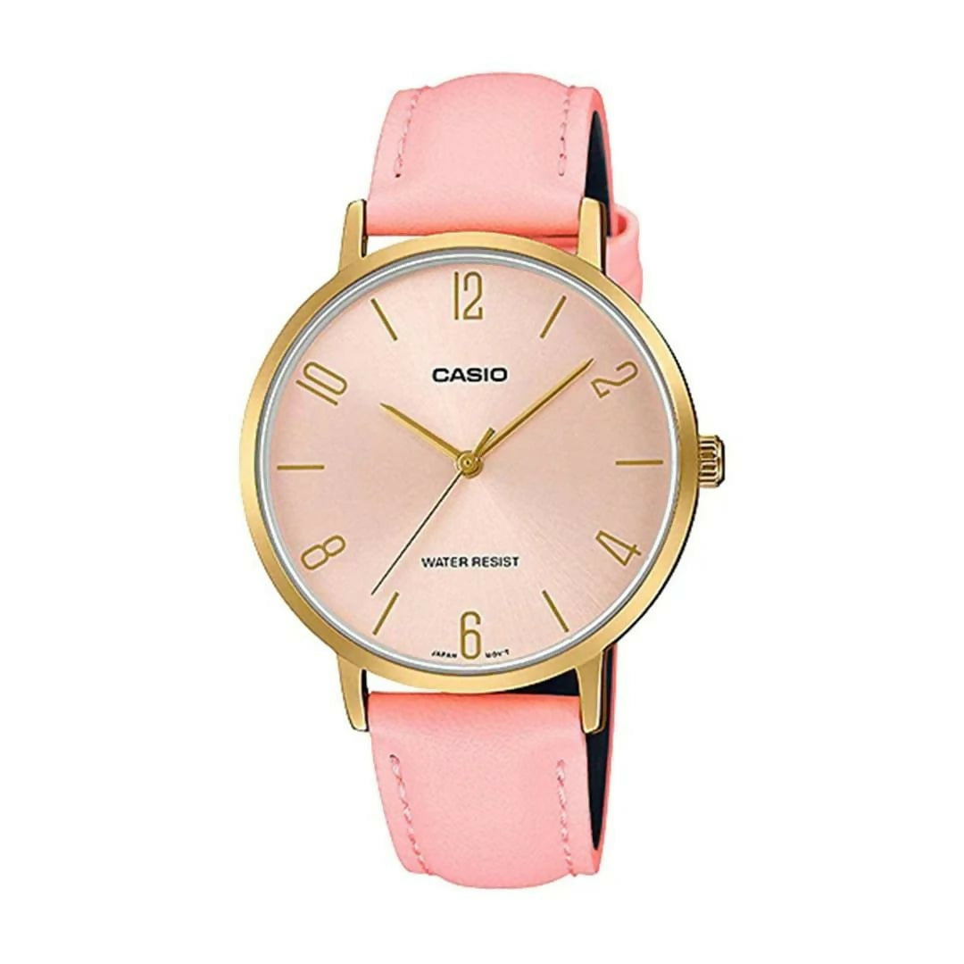 Casio Women Pink Dial Golden Bezel Watch with Pink Leather Strap