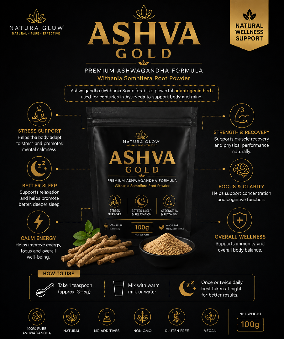 Natura Glow ASHVA GOLD Premium Ashwagandha Root Powder 100g