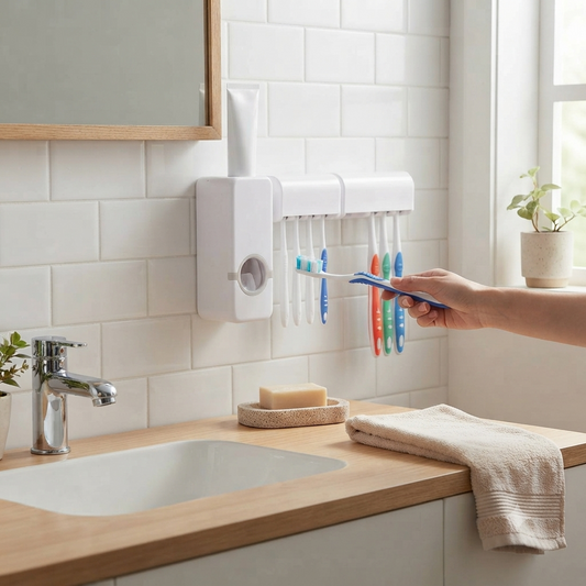 Toothpaste Dispenser With 5 Brush Holder Wall Mounted Automatic Hands Free Toothpaste Dispenser