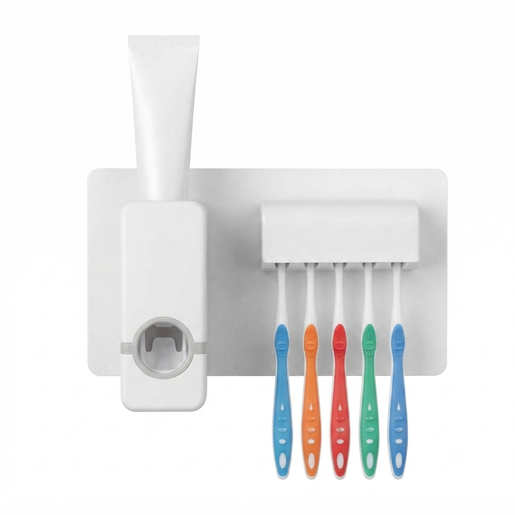 Toothpaste Dispenser With 5 Brush Holder Wall Mounted Automatic Hands Free Toothpaste Dispenser