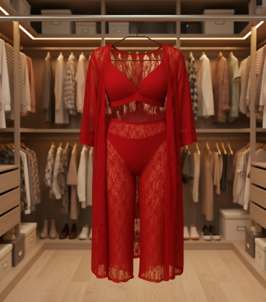 Luxurious Net Transparent Lace 4-Piece Nightwear Set - Gown Bra Panty and Trouser - Free-Size