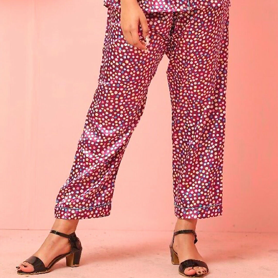 Magenta Multicolor Polka Dot Satin Night Suit – Stylish Two Piece Sleepwear Set