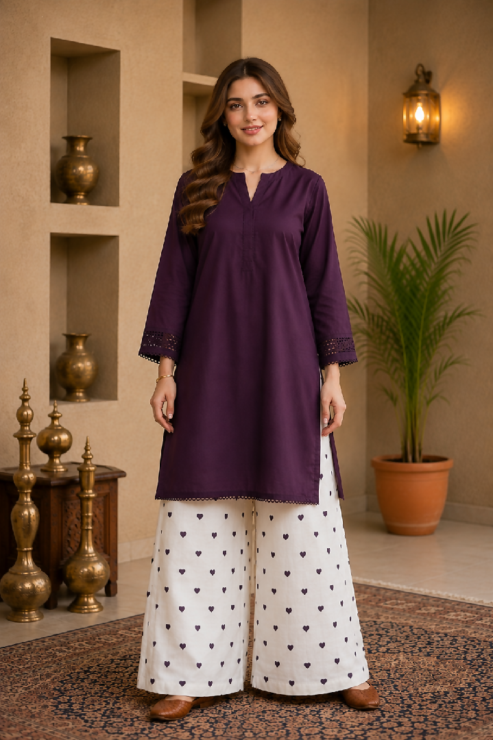 Womens Stitched 2 Piece Lawn Cotton Suit Ready to Wear Plum Purple Shirt Printed Wide Leg