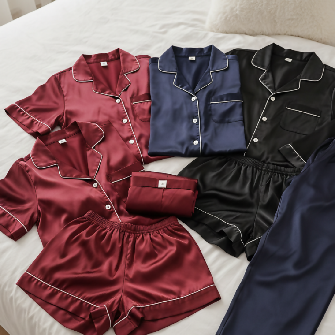 Couple Night Suit - Silk Satin Sleepwear Set - Short and Long Style Combo - 4 Pcs