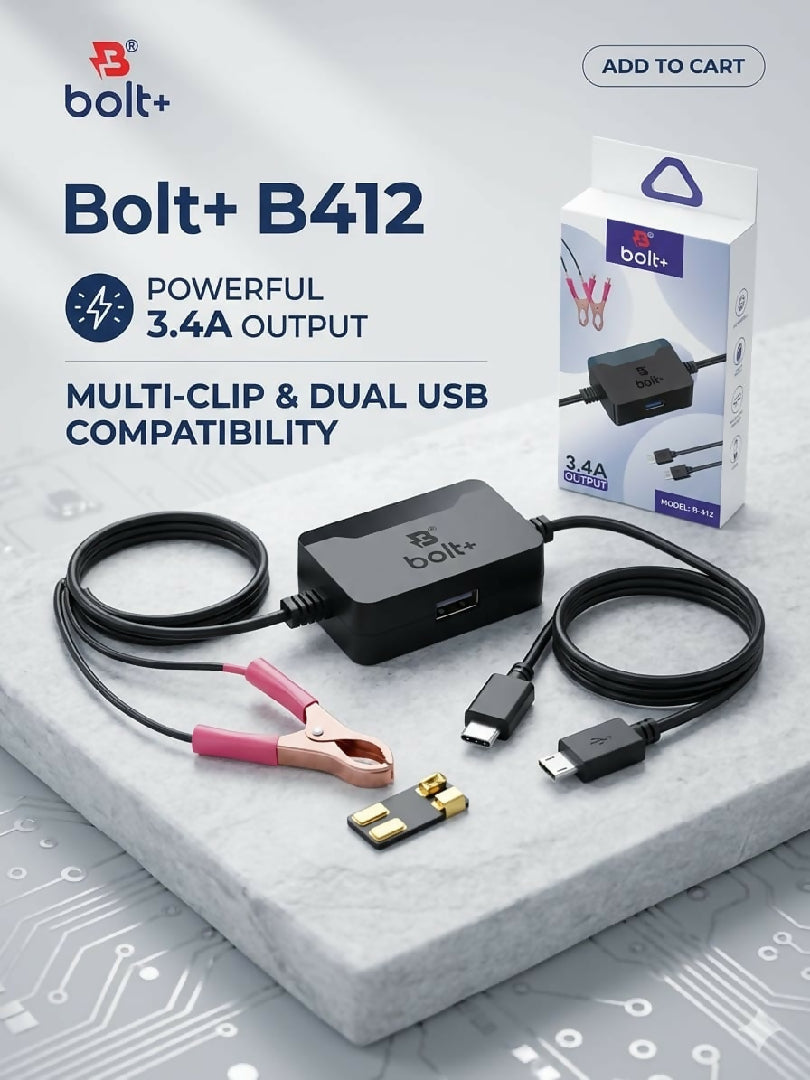 BOLT 3A Multi Output Charging Adapter With Alligator Clips Micro USB And Type C Cable