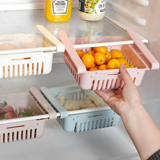 1 PC Adjustable Fridge Storage Basket Expandable Fridge Storage Rack Plastic Fridge Space Saver Food Organizer Tray Refrigerator Pull out Drawers
