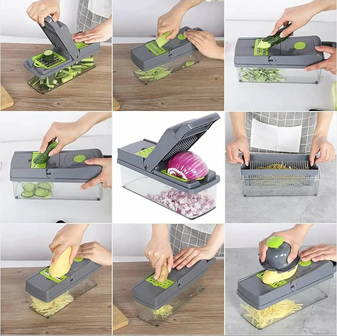 16-In-1 Multifunctional Vegetable Chopper-Slicer with Colander Basket and Storage Container - Heavy Duty Manual Food Cutter