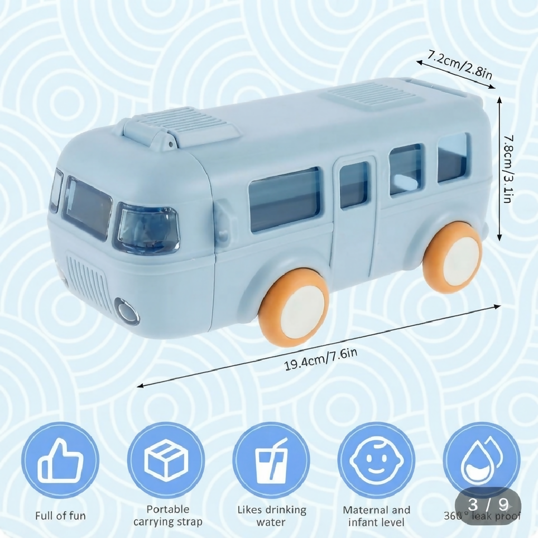 500ml Cute Bus Shape Water Bottle For Kids With Straw And Strap Leakproof Portable Sipper Bottle