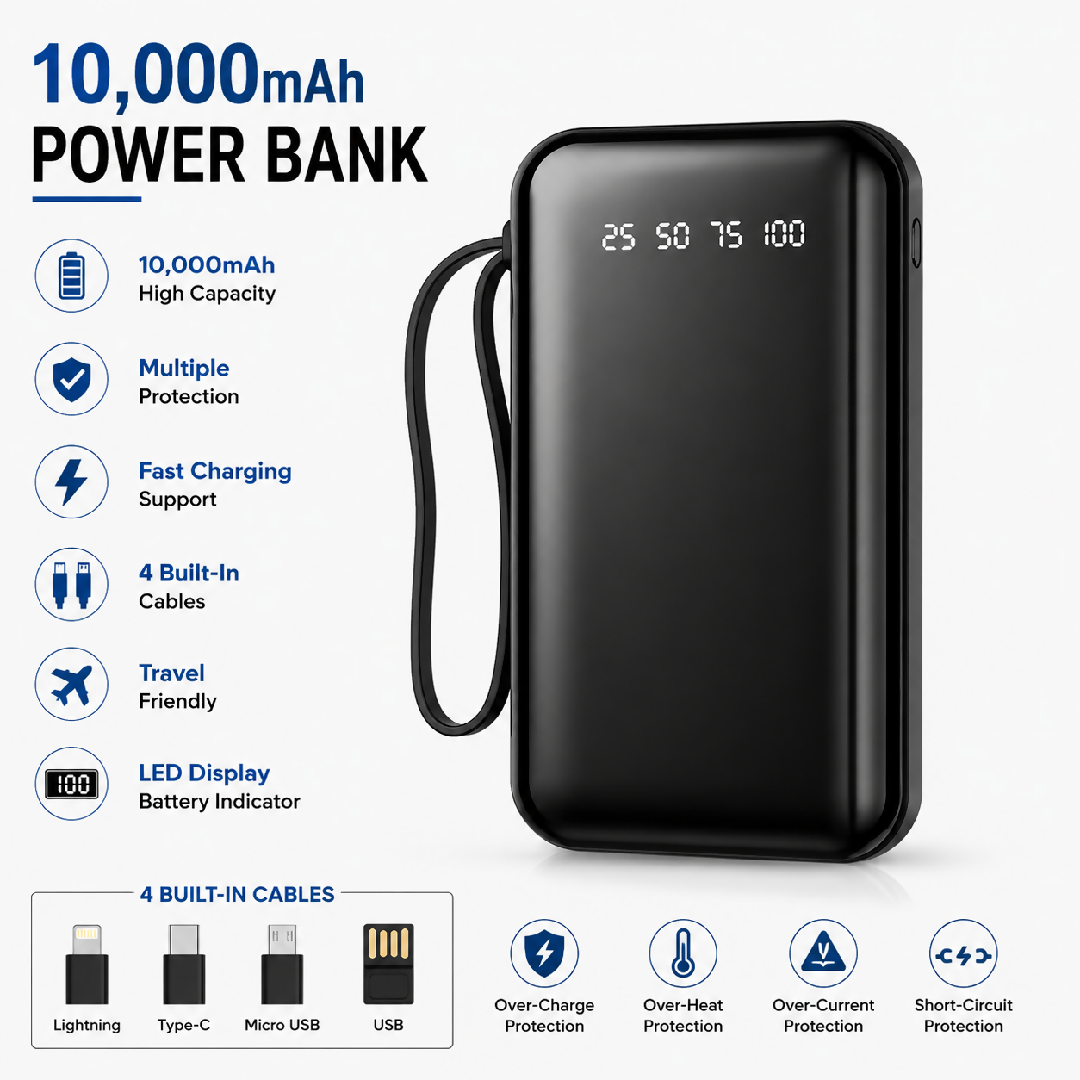 10000mAh Power Bank 4 Built In Cables Fast Charging LED Display Portable Power Bank Black