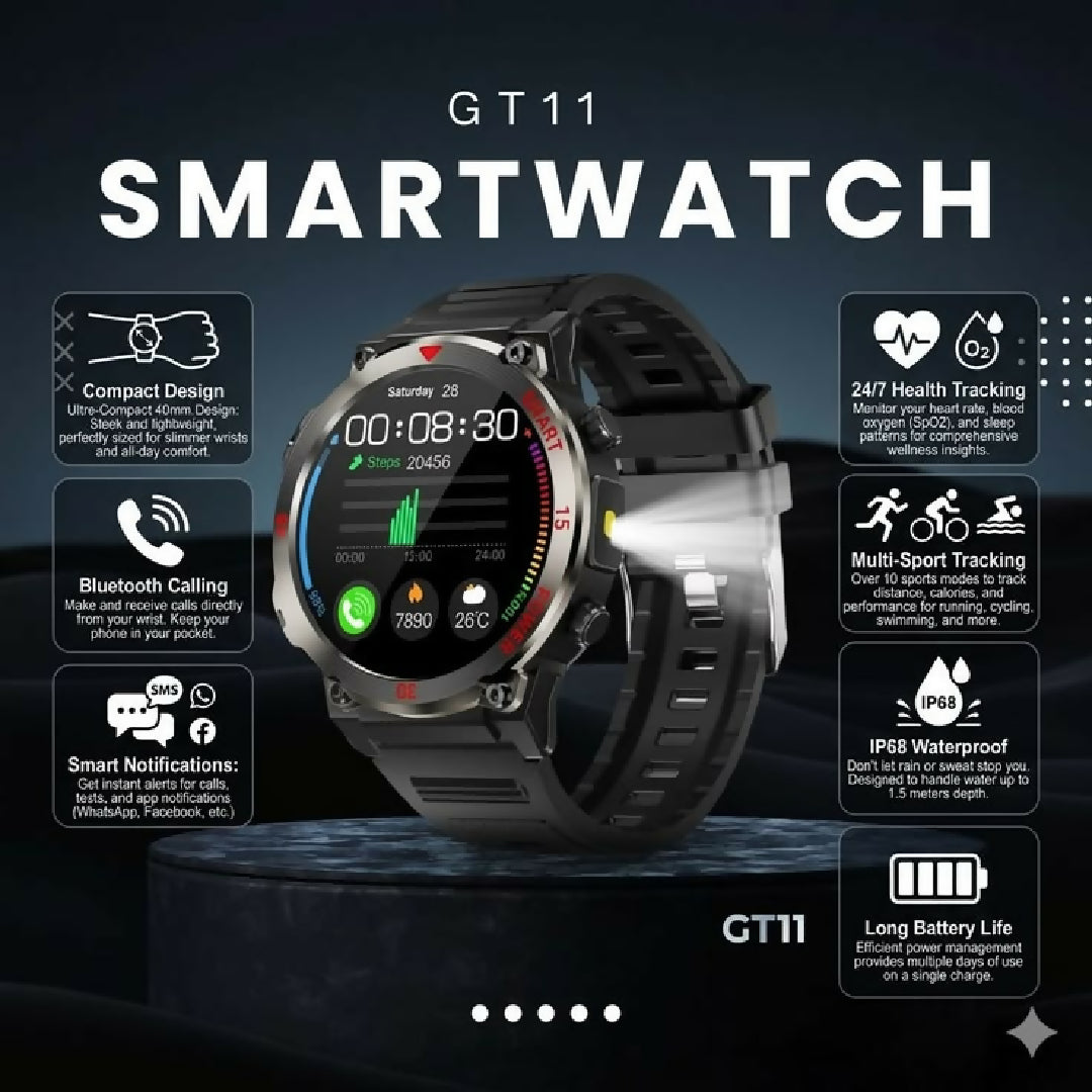 GT11 Round Dial Rugged Smart Watch with Bluetooth Calling – Sports Fitness And Torch