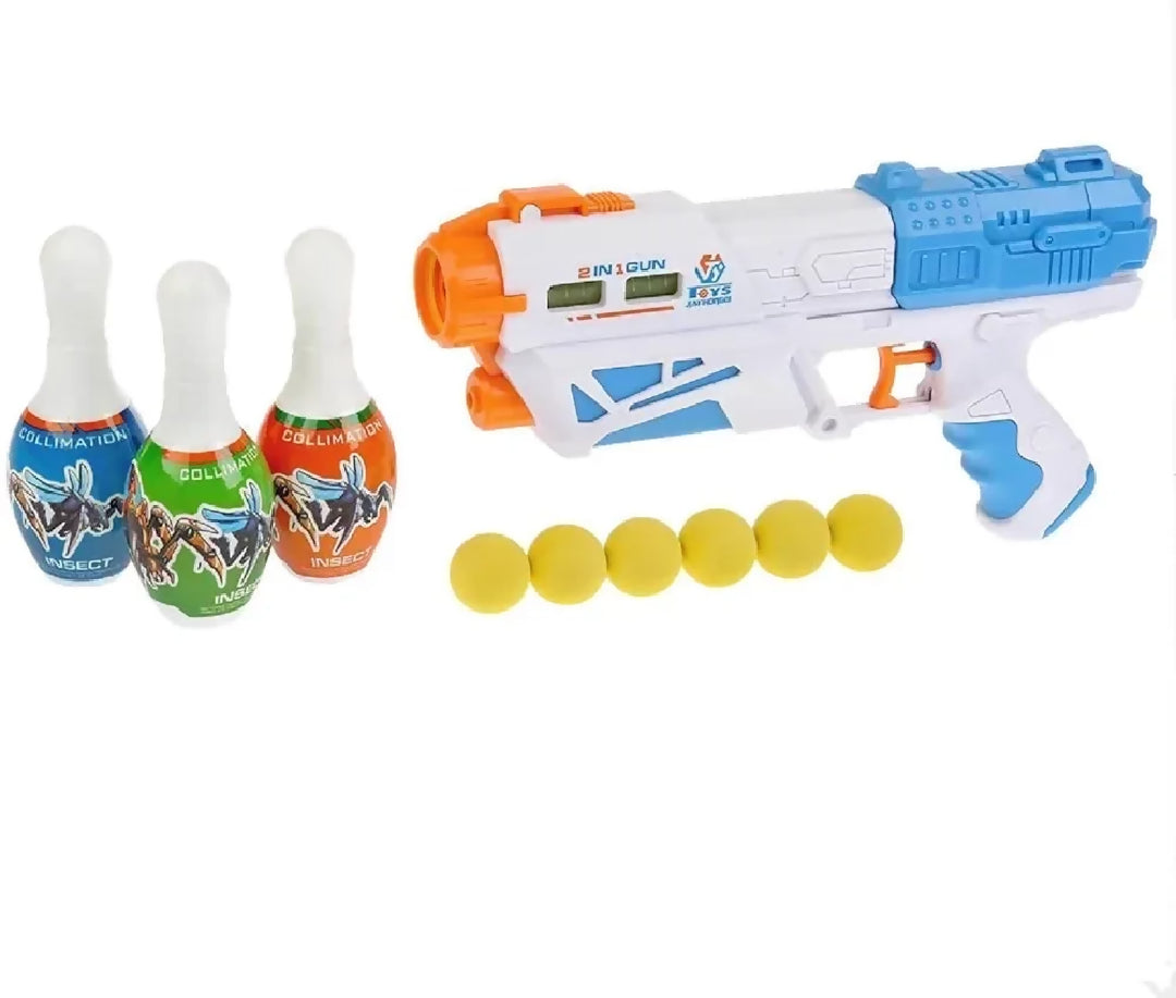 2 in 1 Bowling Water Shooting Gun Magic Blaster Toy Gun with Soft Foam Balls Bullets Bowling Pins Water Spray for Kids