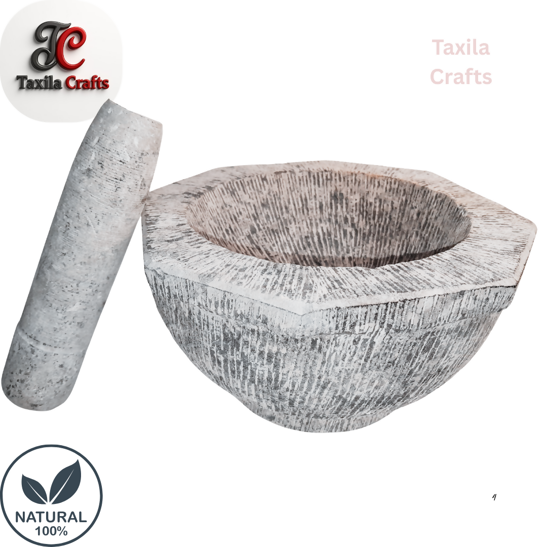 Large Size 10 Inch Handmade 8 Sided Black Stone Mortar with Stone Pestle Fully Textured Taxila Hills Stone