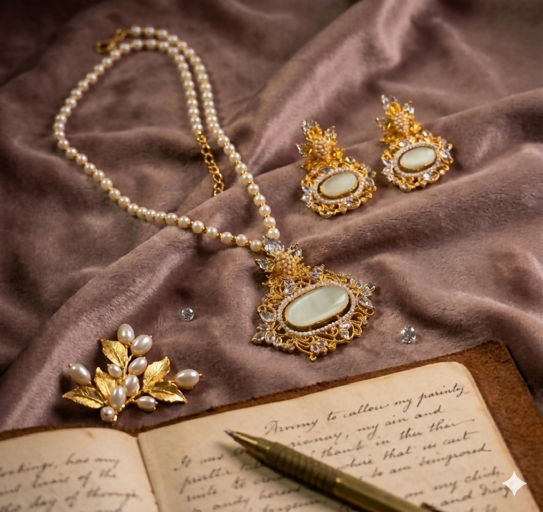 Regal Pearl and Cats Eye Filigree Jewelry Set
