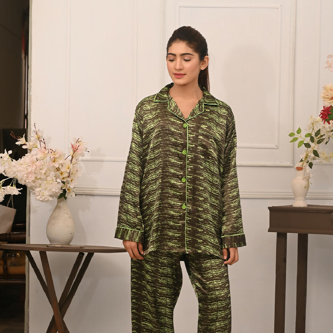 Elegant Green Printed Satin Pajama Set for Women – Button-Down Nightwear