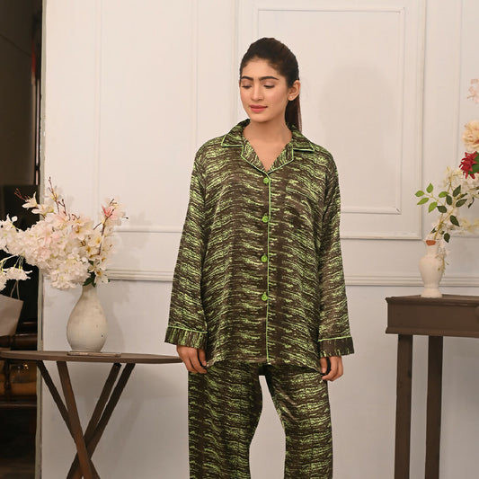Elegant Green Printed Satin Pajama Set for Women – Button-Down Nightwear