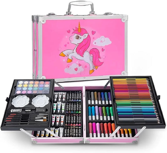 StationeryWorld 145 Piece Art Set with Colours Paints Crayons in Pink Briefcase Organiser