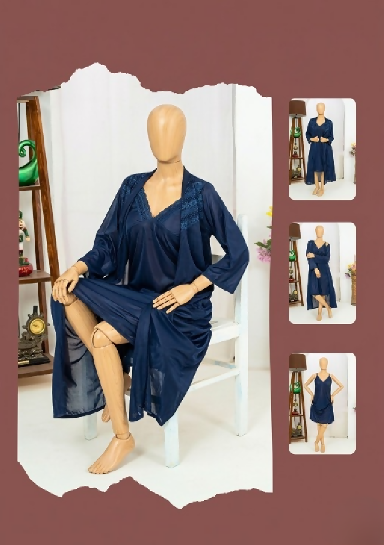 Premium Silk 2-Piece Bridal Nightwear Set Elegant Lace Embroidery Sleepwear Free Size