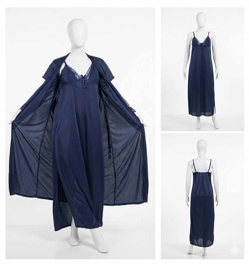 2 Pcs Premium Silk Lace Womens Sleepwear Set Inner Gown Nightwear Size Free