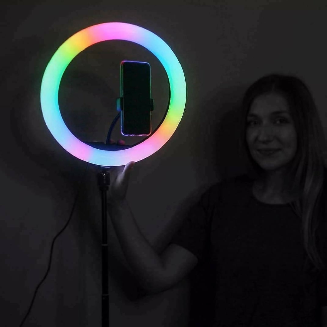 RGB Ringlight 26 CM MJ26 With Mobile Holder Adjustable Lighting For Photography Video Recording Makeup And Live Streaming With Stand 7 Feet