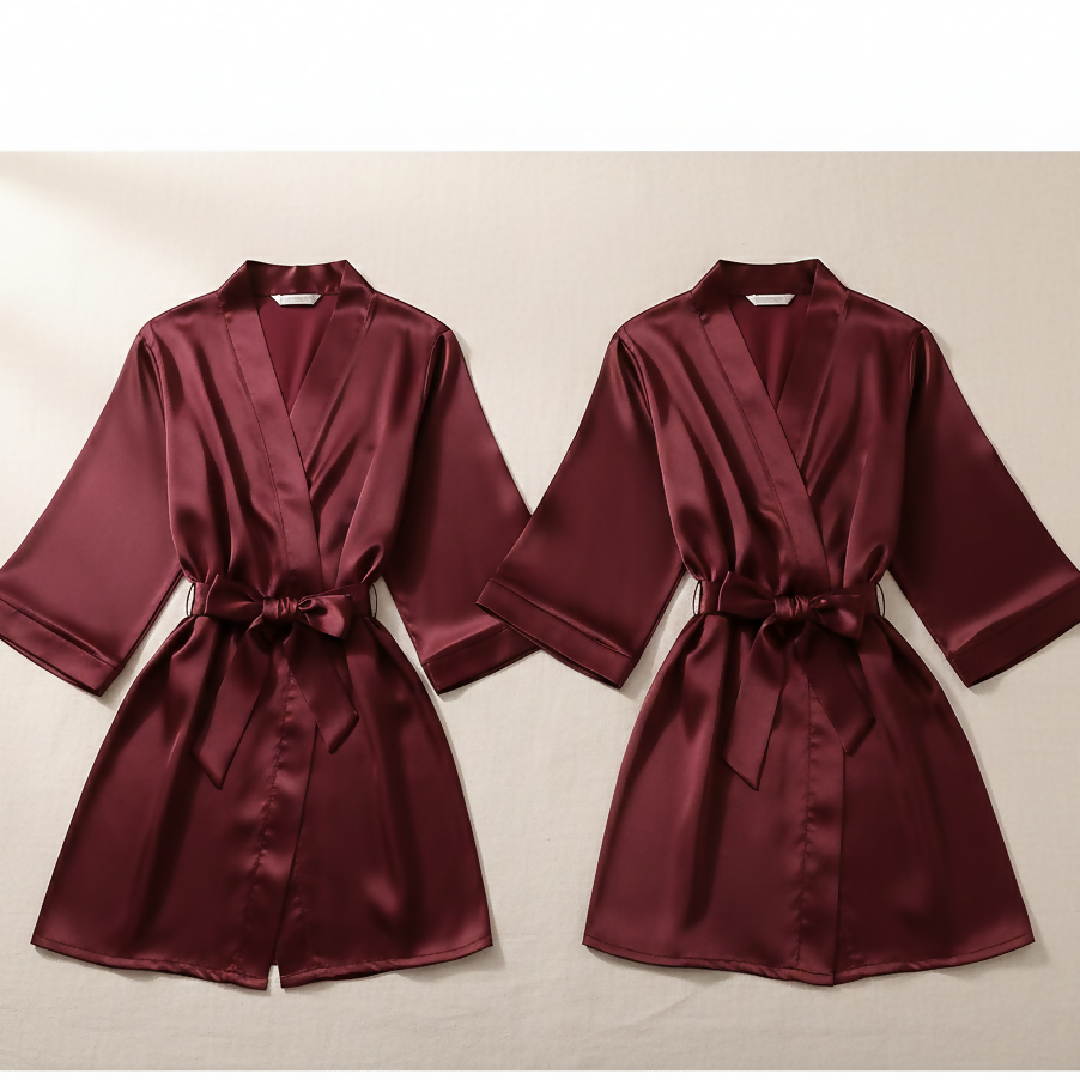Elegant Silk Couple Gown - Robe Set - Wrap Style with Waist Belt - 2 Pcs