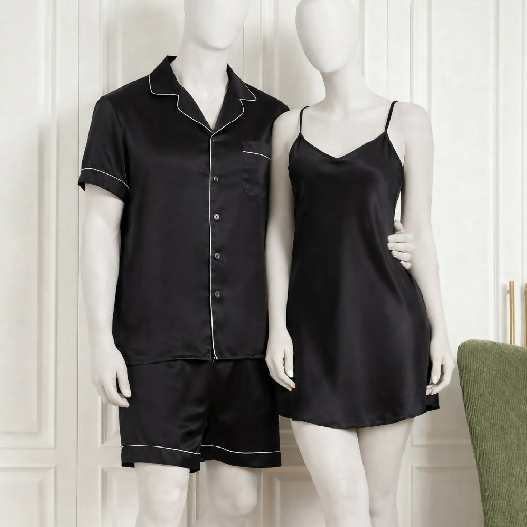 Couple Silk Night Suit - Sleepwear Set - Shirt and Shorts with Slip Dress