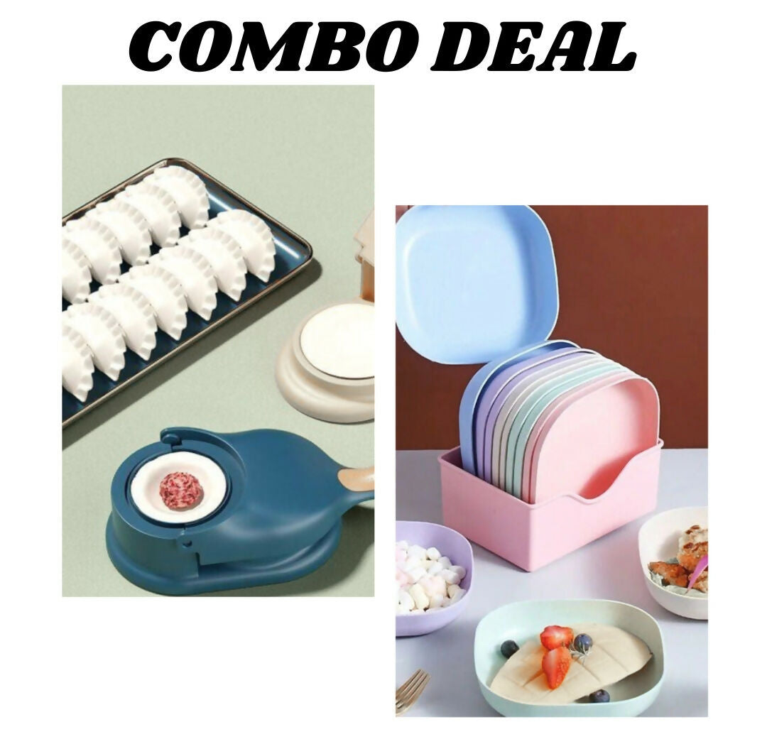 Pack of 2 - 10pcs Multi-function Spit Bone Plate Set and 2 In 1 Dumpling Maker - Best Samosa Maker and Household Food Grade Plastic Elliptical Plate For Kitchen - Random Color