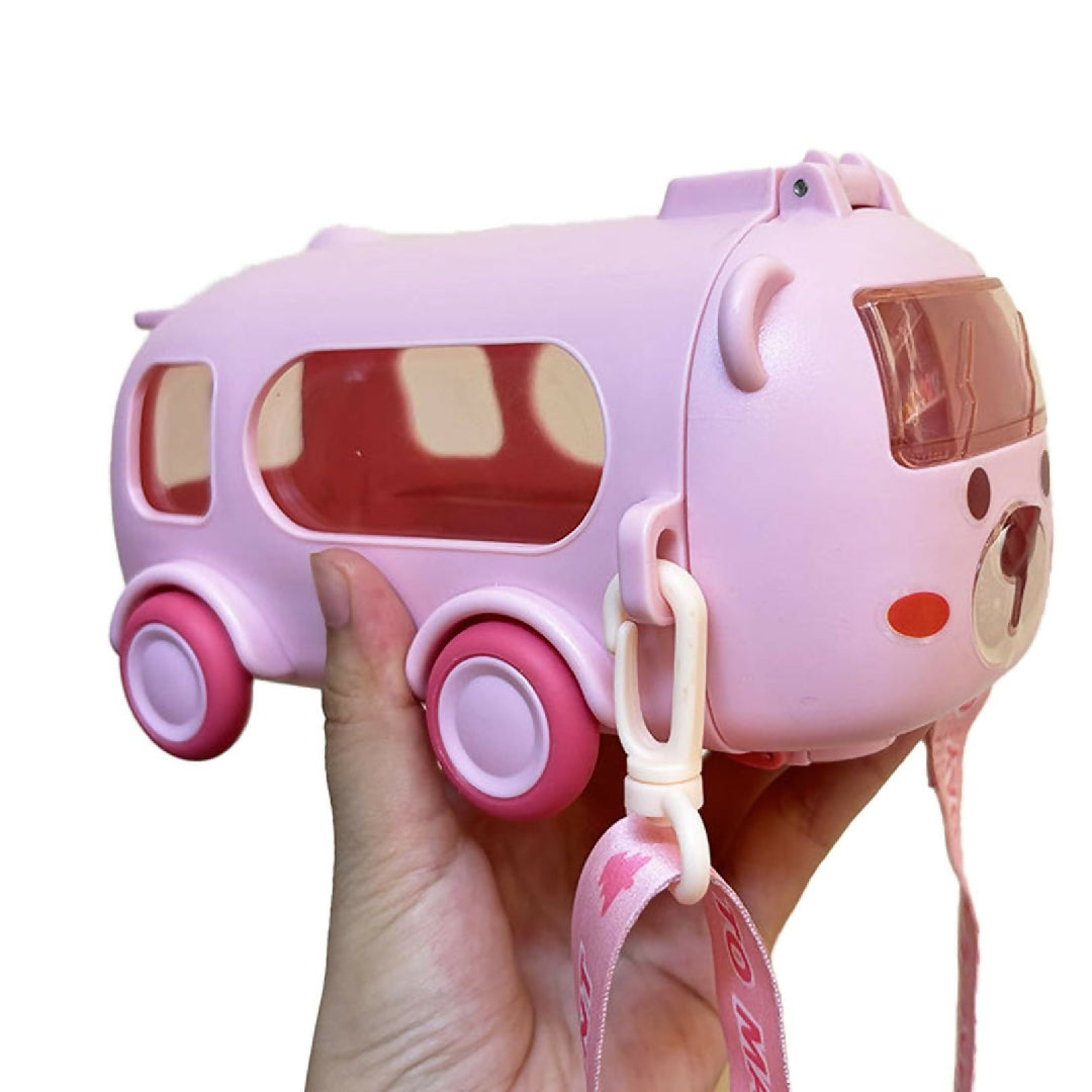 Imported 600ml Bus Water Bottle Kids Cute Bus Shape Strap Sipper Straw Leakproof BPA Free Random Colour