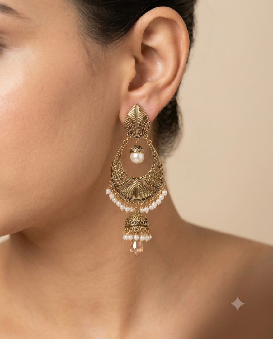 Antique Gold Crescent Pearl and Crystal Drop Earrings
