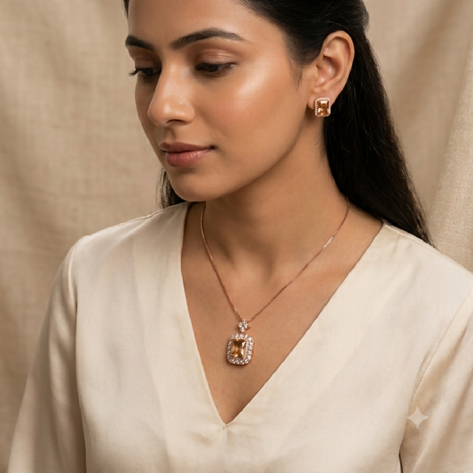 Zircon Emerald Cut Halo Set in Champagne