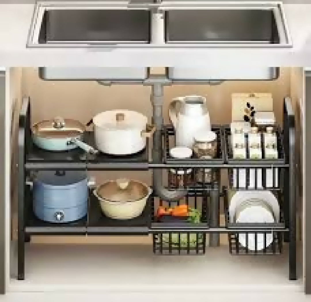 Expandable Under Sink Organizer 2 Tier Carbon Steel Storage Rack for Double Sink Cabinet