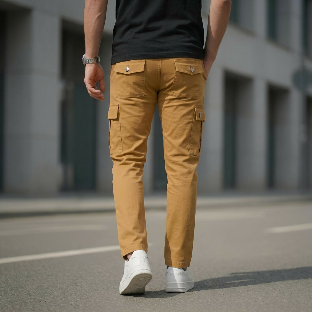 Premium 6 Pocket Cargo Trousers for Men Slim Fit Cotton Lycra Stretchable Pants Stylish Casual Cargo Pant in White and Camel Colors