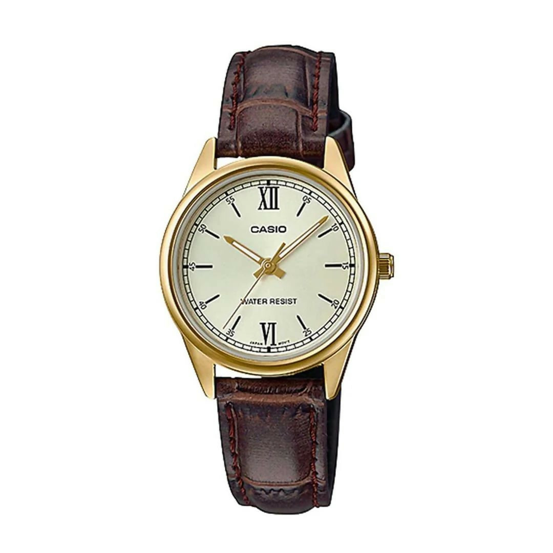 Casio Women Watch Golden Bezel white Dial with Dark Brown Leather Strap Elegant Analog Ladies Wrist Watch Classic Daily Wear