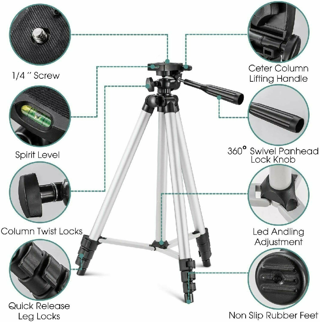 Adjustable Tripod Stand for Mobile Phones and Cameras with Mobile Holder Portable DSLR Stand for Vlogging Universal Silver Model 3110 and Bag