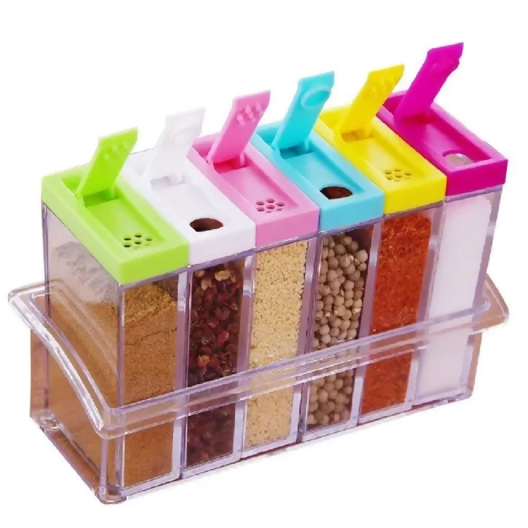 Spice Jars Dispenser Masala Rack Easy Flow Storage Crystal Seasoning Box Multicolour Set of 6