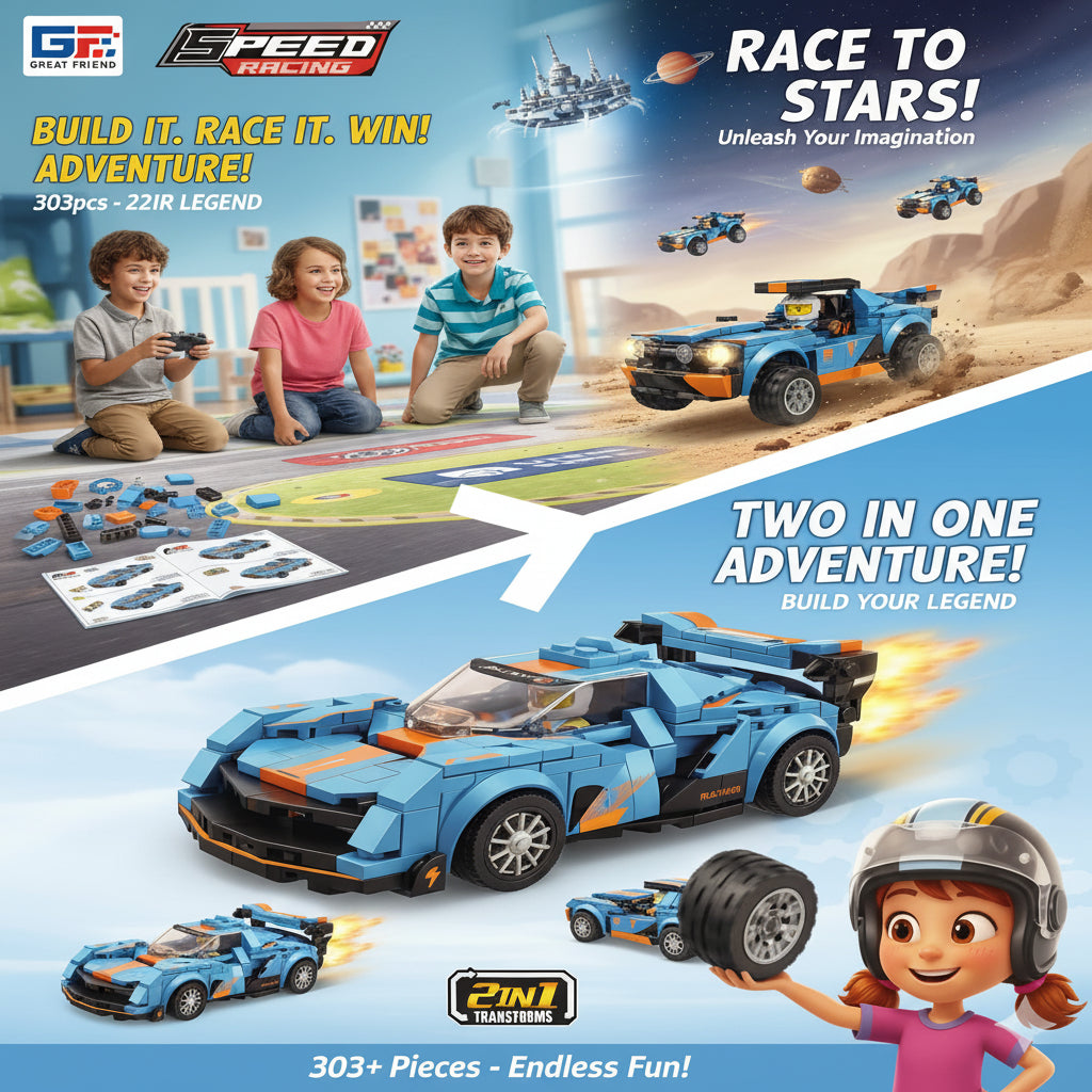 2 In 1 Transforming Racing Car Building Blocks Set Blue